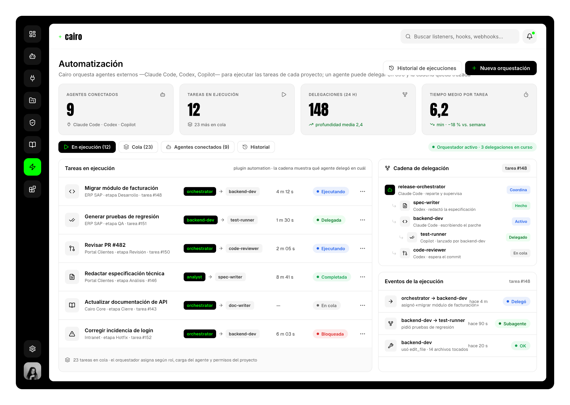 Pantalla de automatización de Cairo con tareas en ejecución, la cadena de delegación entre agentes y los eventos de la ejecución.