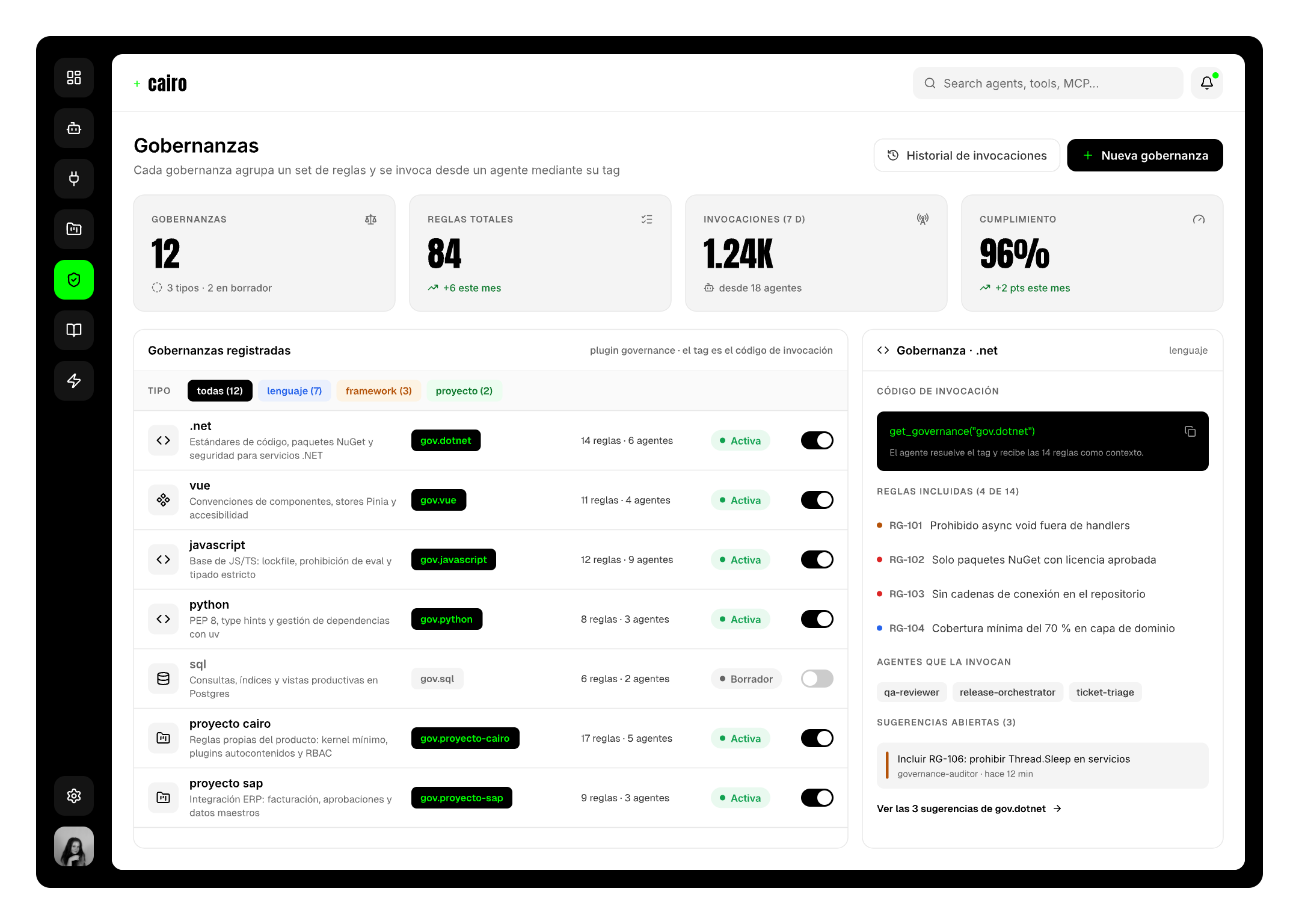 Gobernanzas registradas en Cairo con sus reglas, agentes que las invocan y código de invocación.