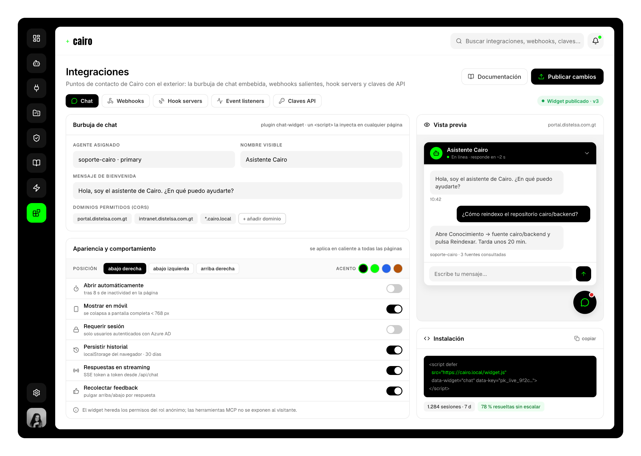 Pantalla de integraciones de Cairo con la configuración de la burbuja de chat, su vista previa y el fragmento de instalación.