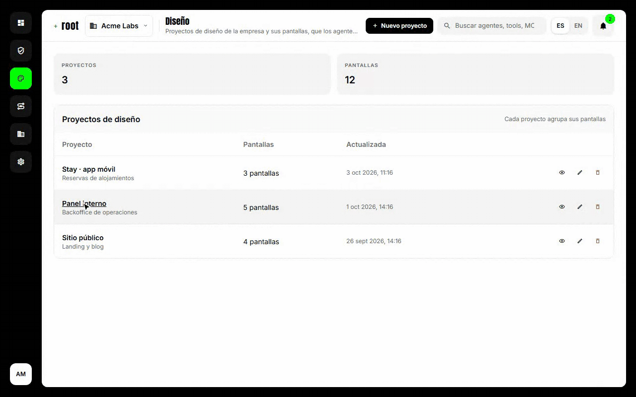 Recorrer un proyecto de diseño y seleccionar un nodo del lienzo